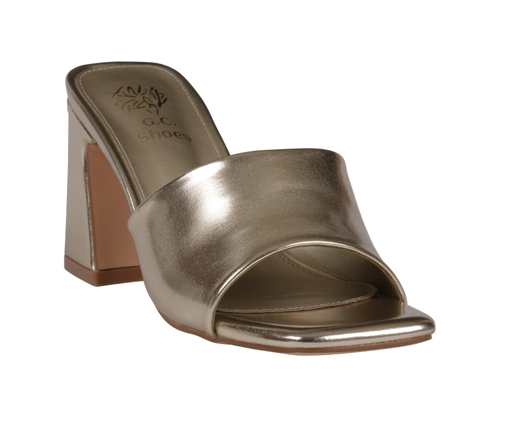 Gold square-toe heeled slide sandals with wide strap over toes