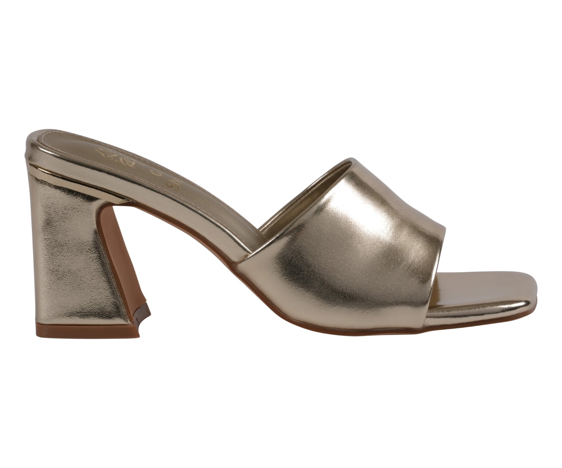 Gold square-toe heeled sandal, wide toe band and chunky block heel (side view)