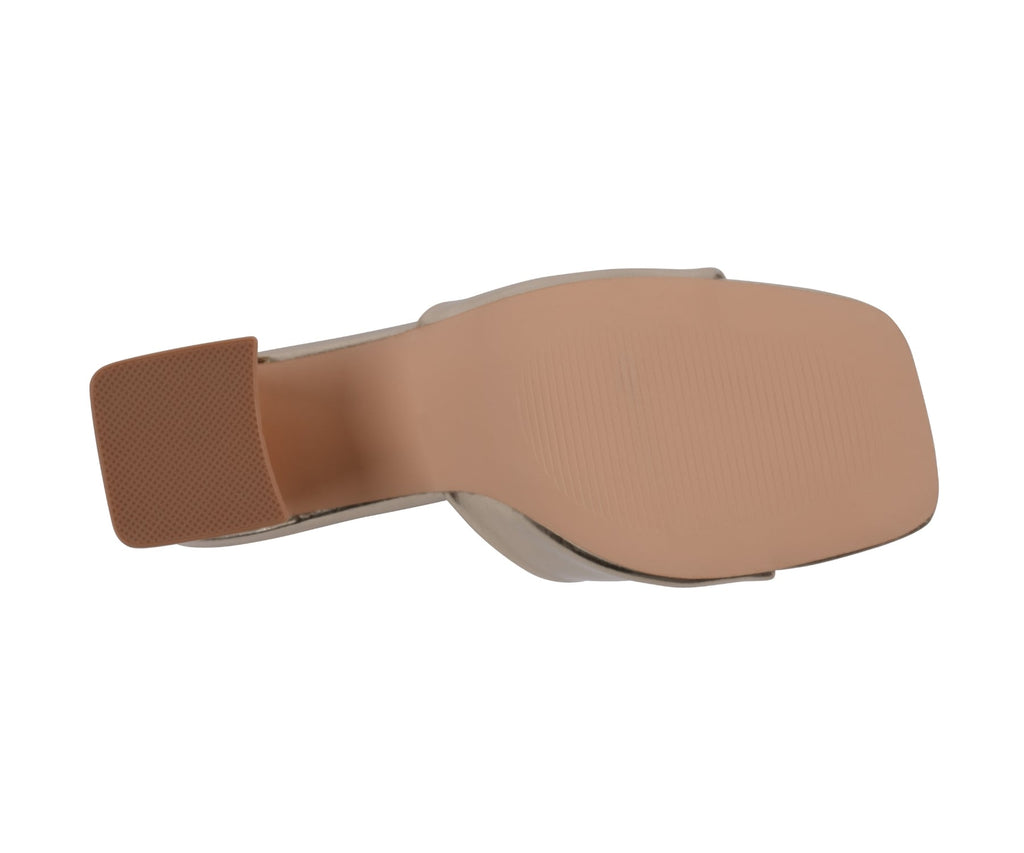 Gold heeled sandal sole and footbed view with square back heel
