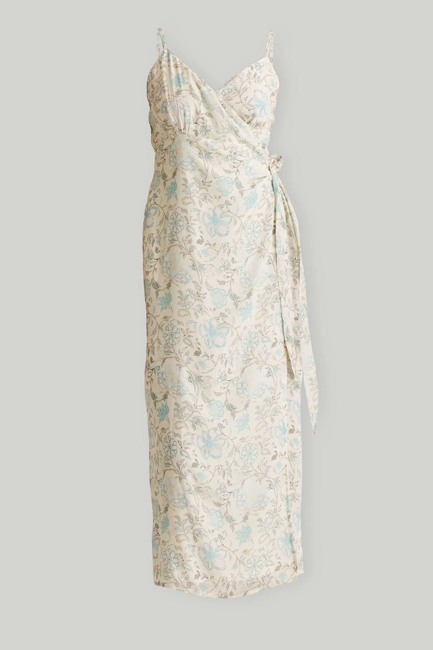 Blue floral wrap midi dress, sleeveless front with side-tied waist