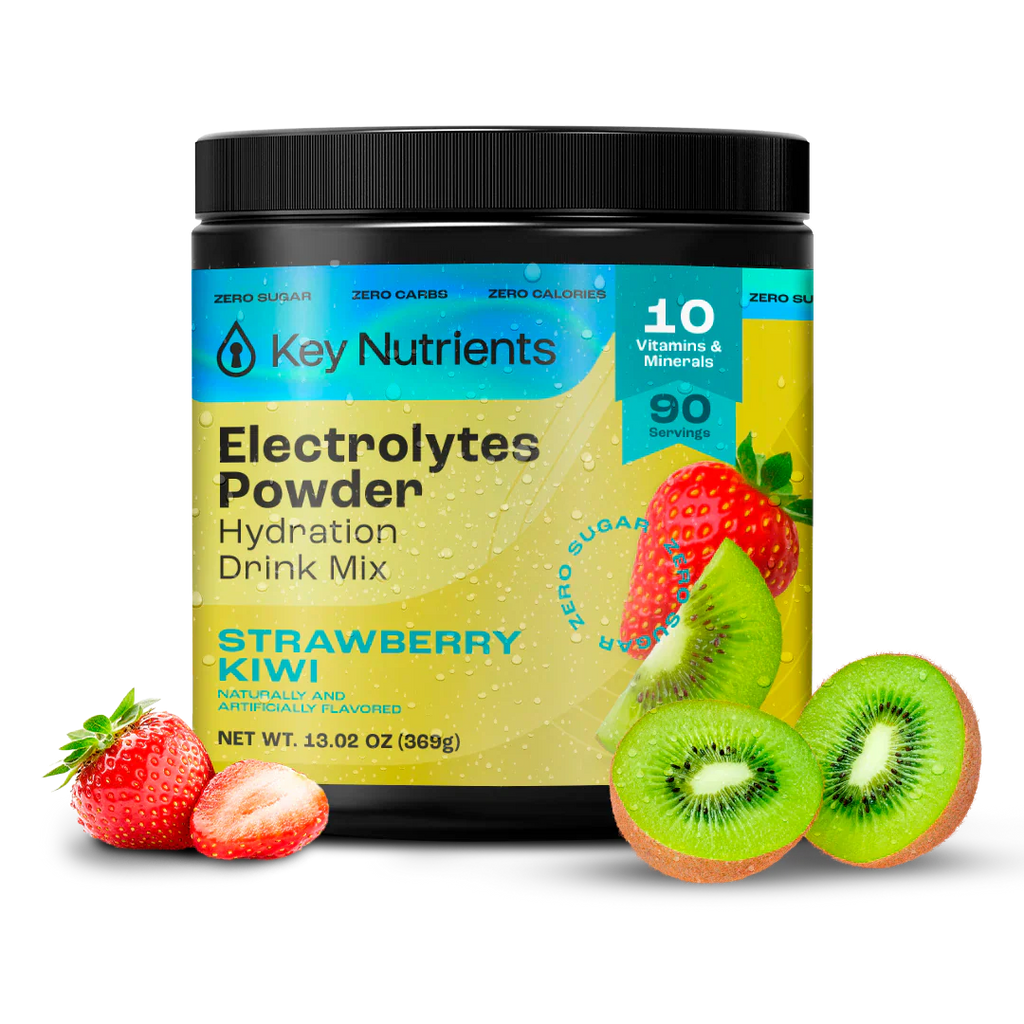 Electrolytes Powder jar, strawberry kiwi flavor with strawberries and kiwi slices