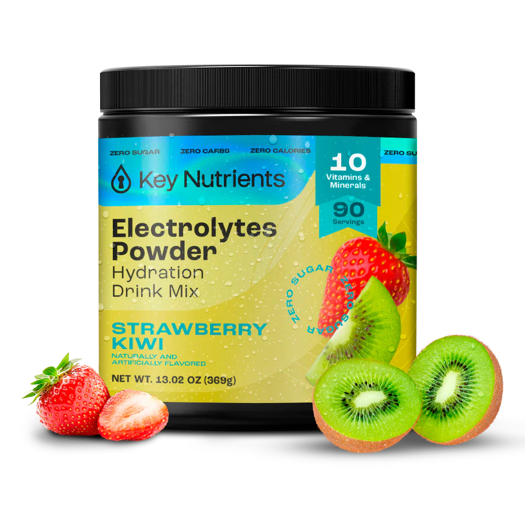 Electrolytes Powder jar, strawberry kiwi flavor with strawberries and kiwi slices
