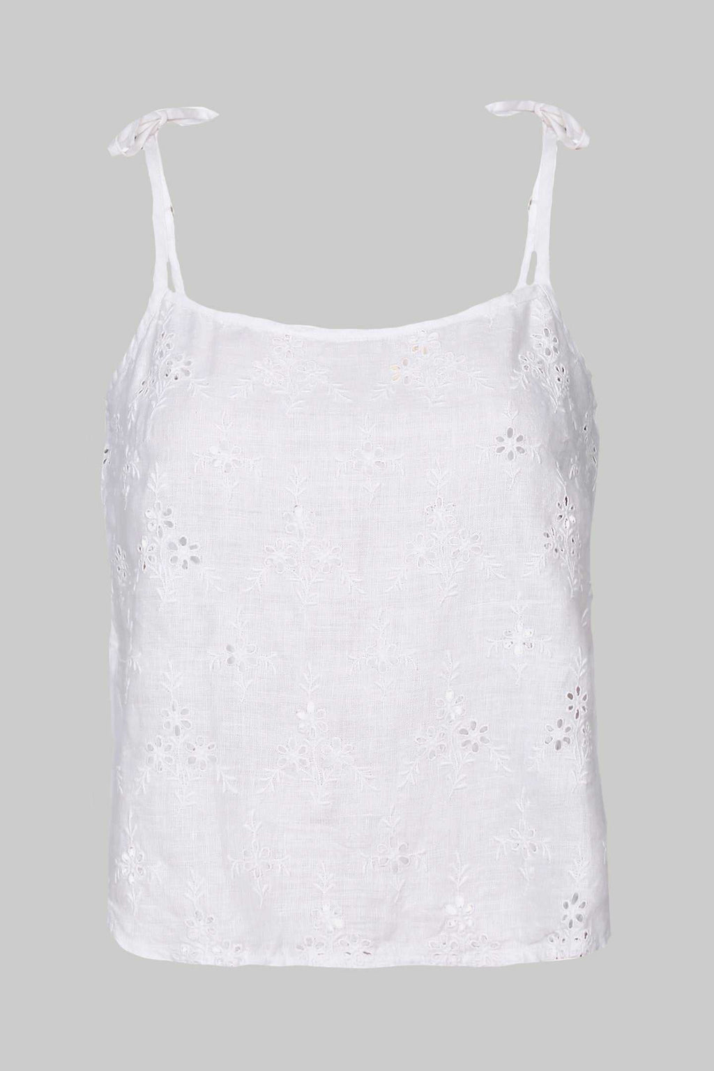 White tie-up camisole, sleeveless with eyelet embroidery and shoulder tie details
