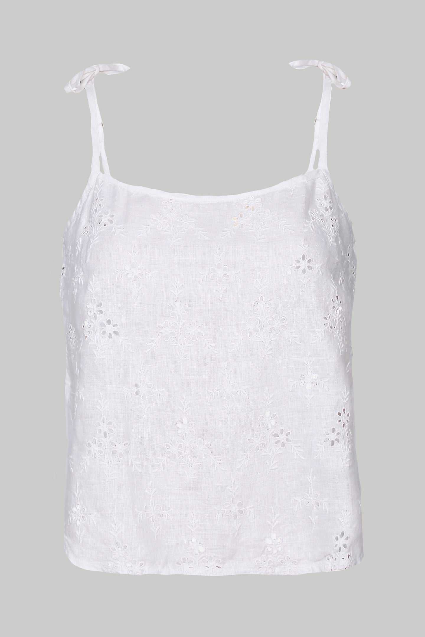 White tie-up camisole, sleeveless with eyelet embroidery and shoulder tie details