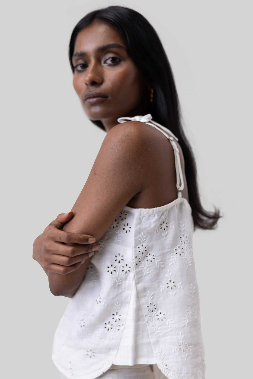 White eyelet-embroidered tie camisole with gathered front and shoulder ties