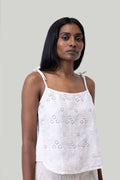 White tie-up camisole with eyelet embroidery and thin shoulder straps