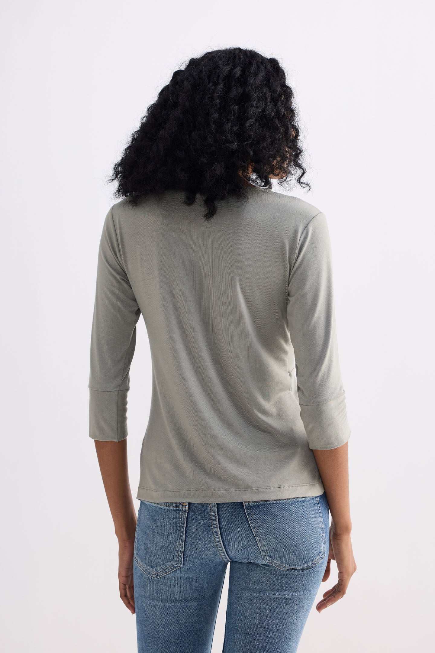 Light olive knit top, smooth back, 3/4 sleeves