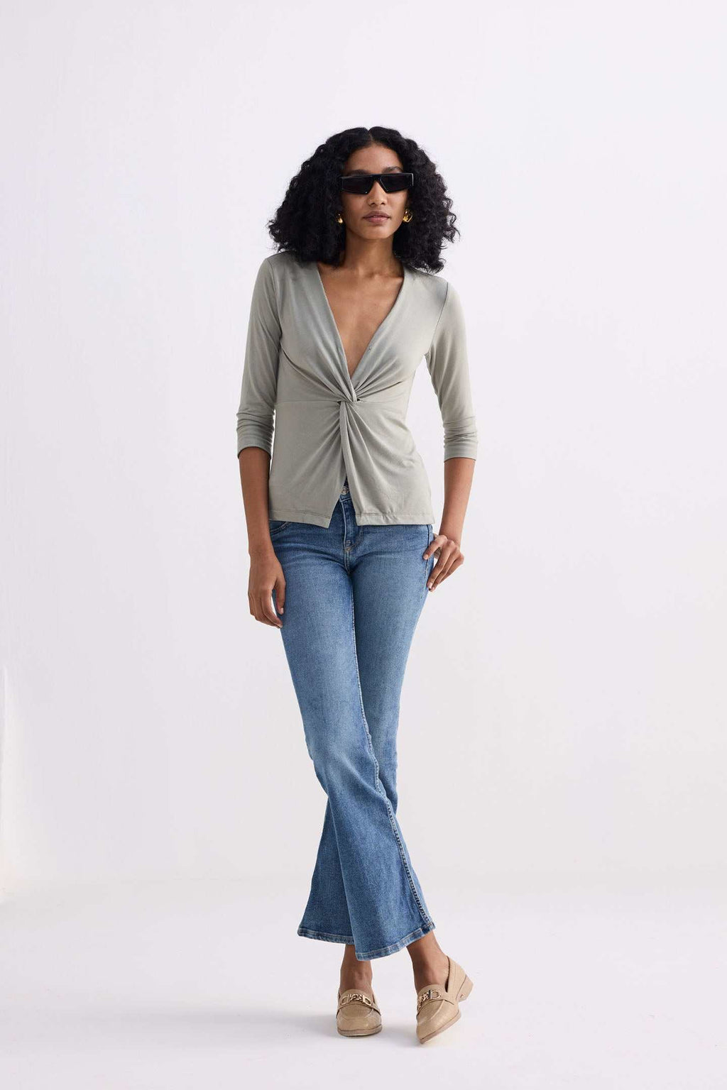 Light olive twist-front knit shirt with front knot, 3/4 sleeves