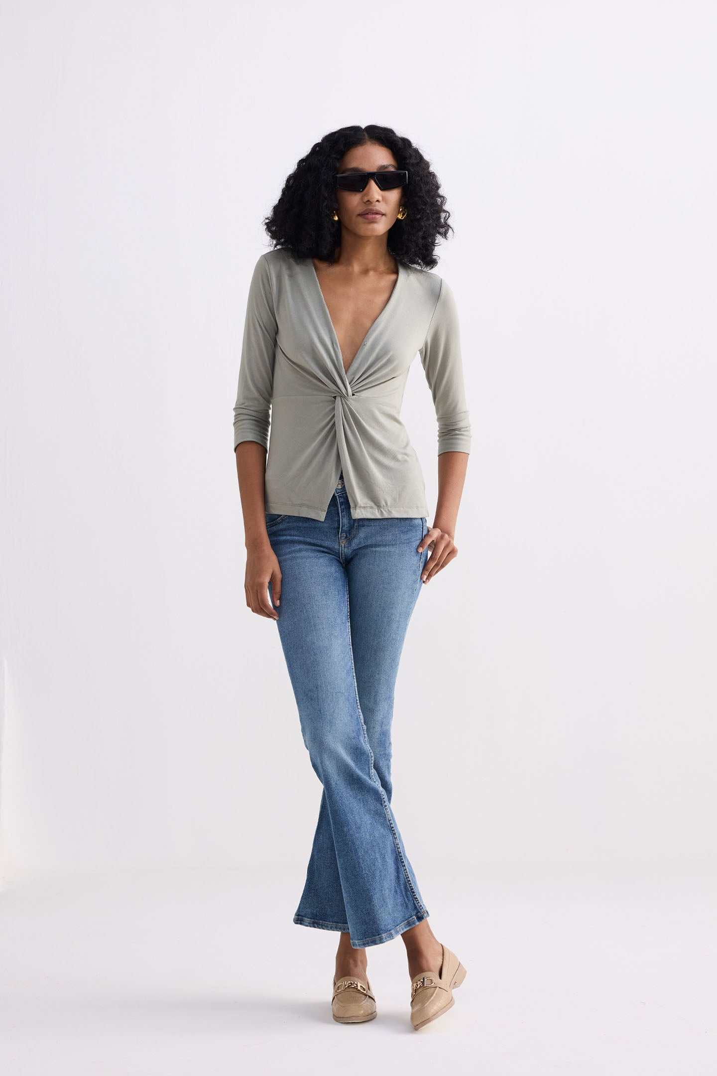 Light olive twist-front knit shirt with front knot, 3/4 sleeves