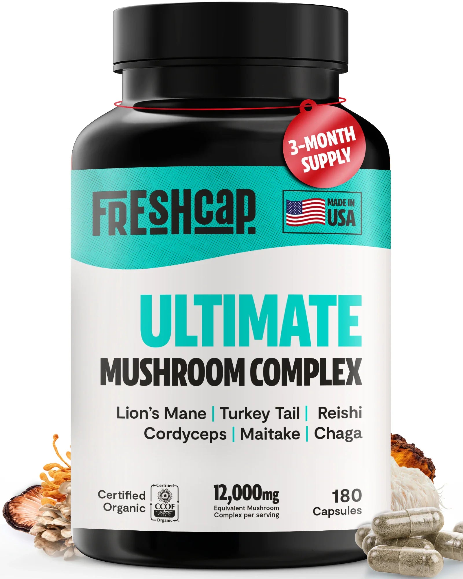 Ultimate Mushroom Complex bottle with 3-month supply badge and 180 capsules