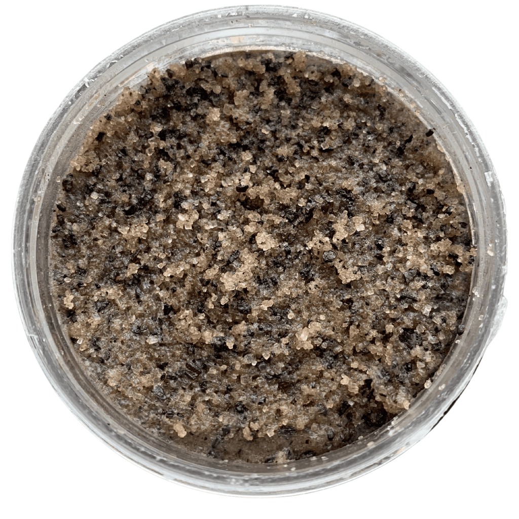 Espresso and sugar exfoliating body scrub granules in clear container