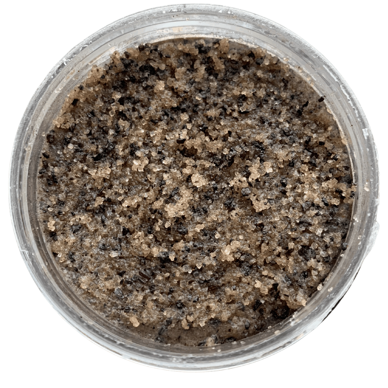 Espresso and sugar exfoliating body scrub granules in clear container