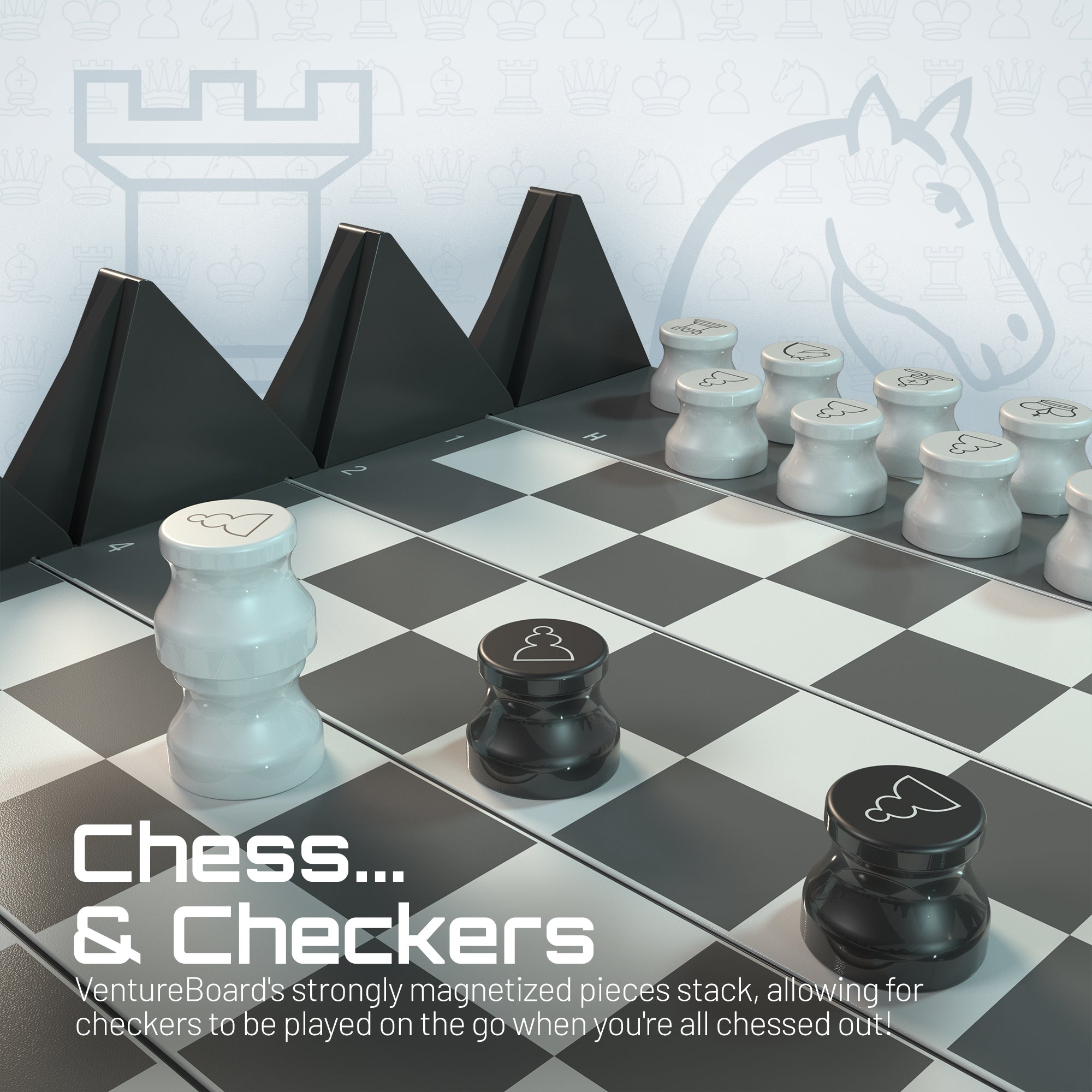 Échiquier mini échecs Noir avec pions blancs et noirs, vue depuis l’angle du plateau