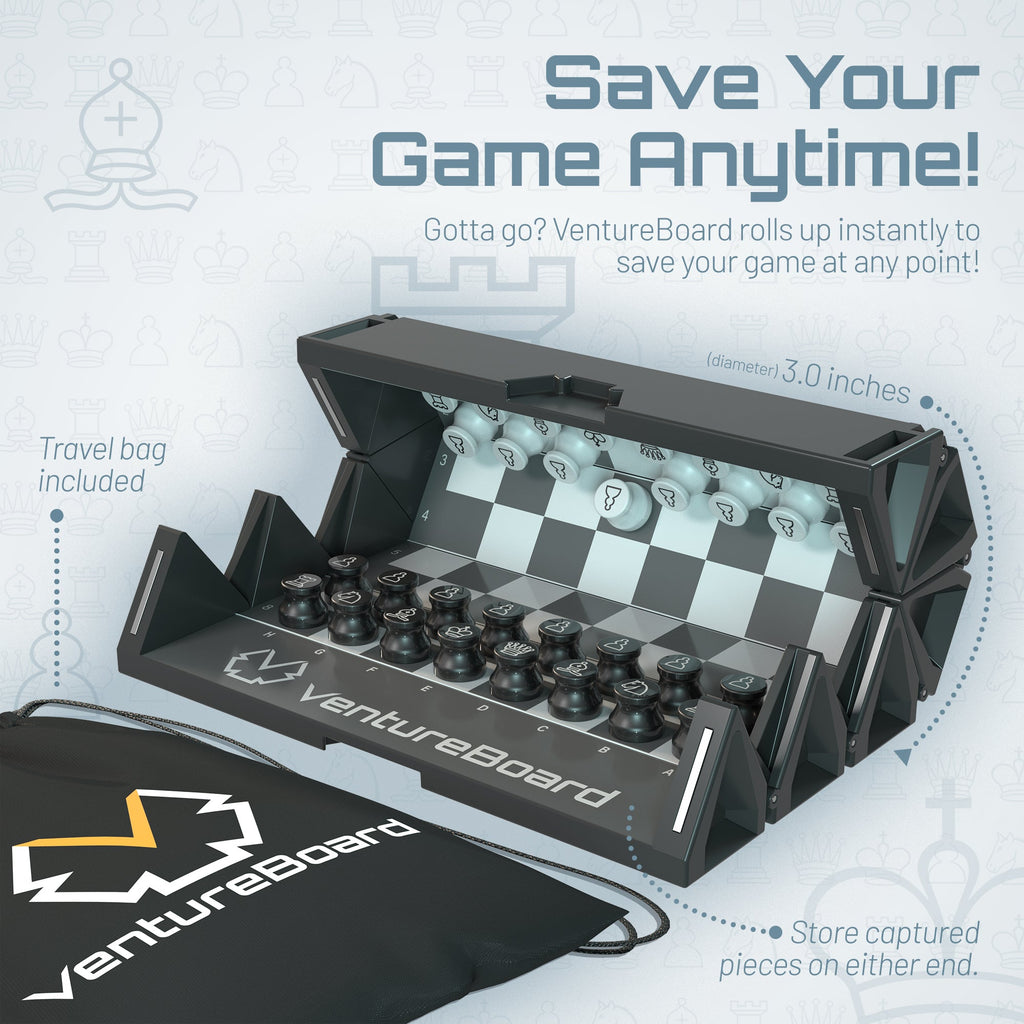 Mini échecs Noir, échiquier déplié sur sa base avec pions noirs et blancs, sac inclus