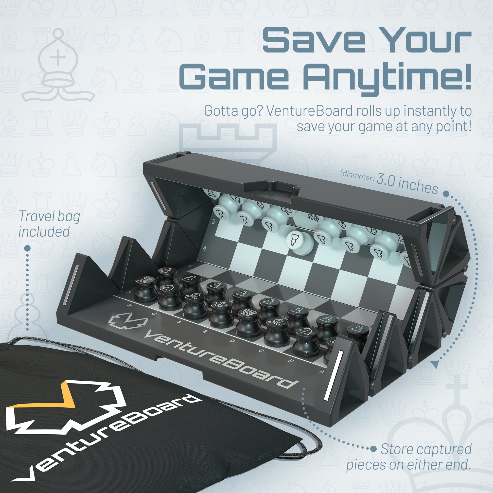 Mini échecs Noir, échiquier déplié sur sa base avec pions noirs et blancs, sac inclus