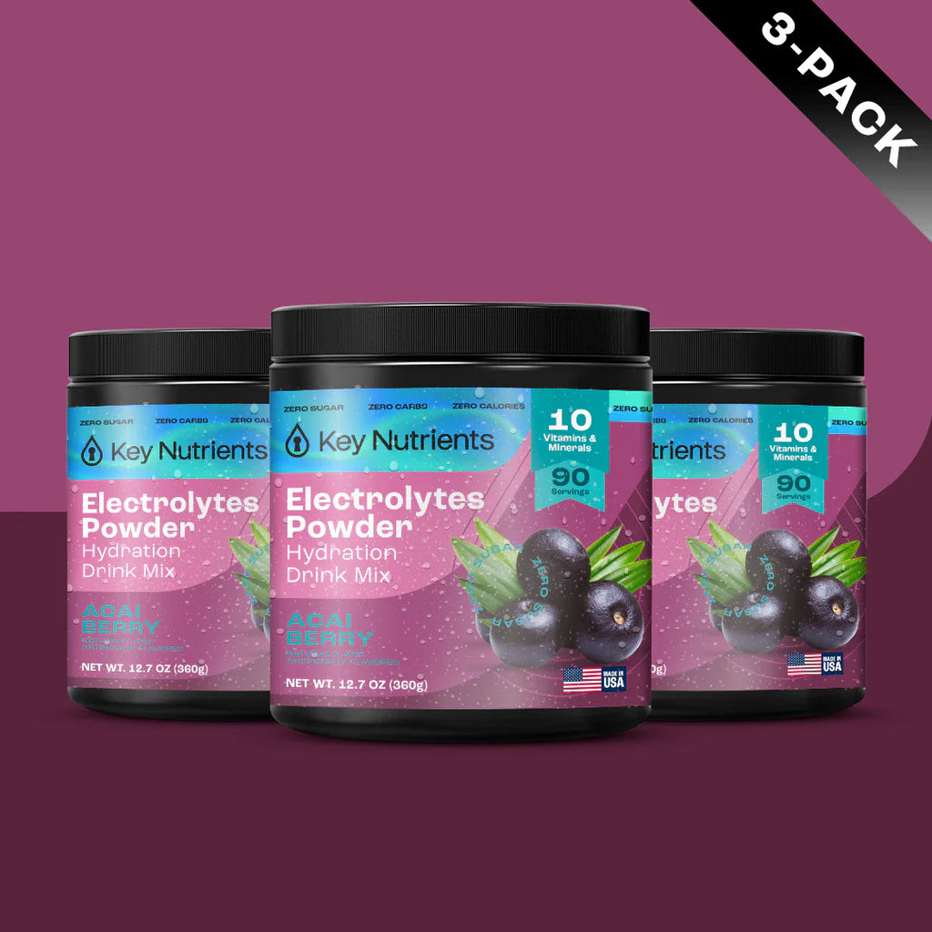 Electrolytes Powder Drink Mix, sugar-free Acai Berry, 3-pack bottles with black lids