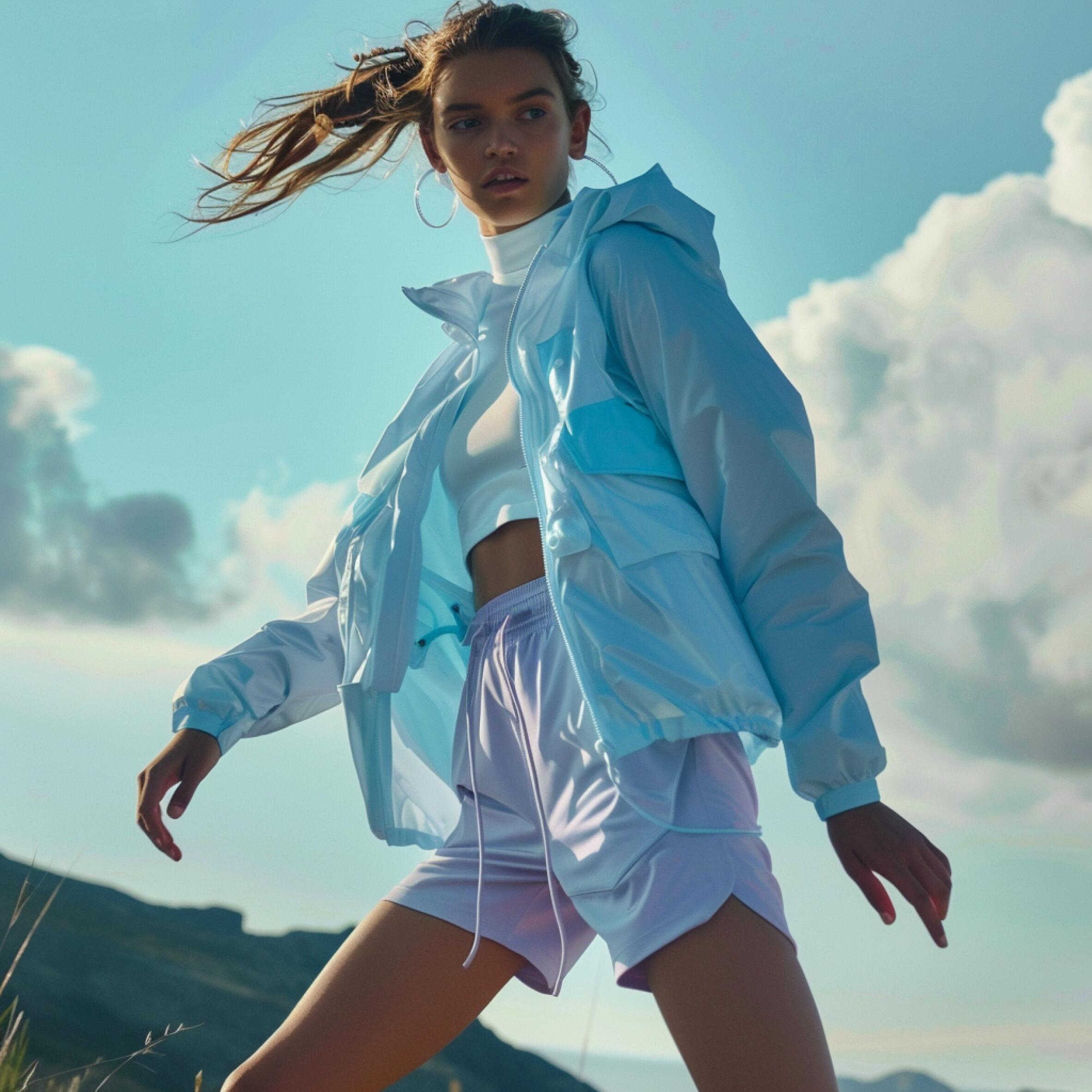 Young woman modeling light blue example product jacket outdoors against sky background
