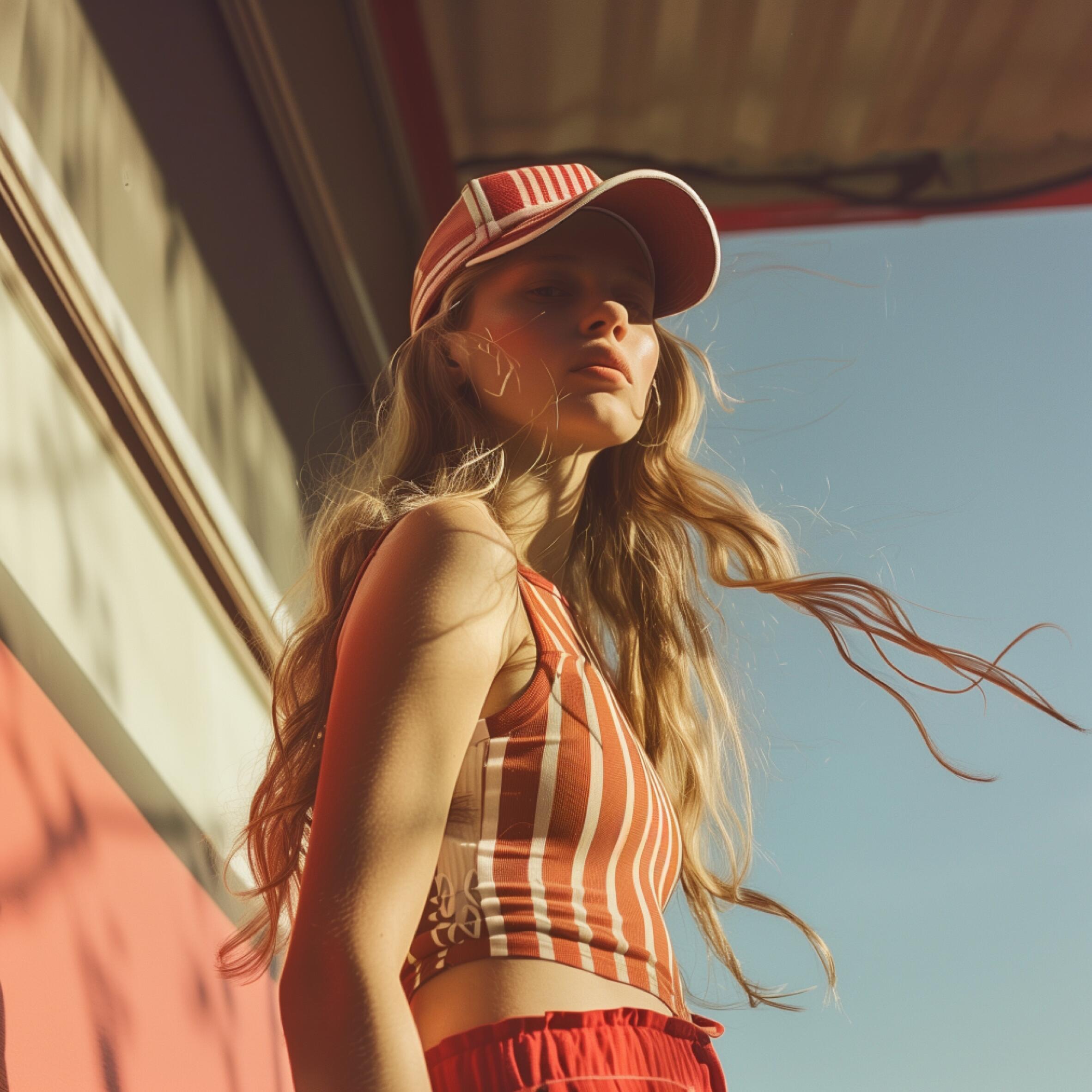 Young woman wearing a striped crop top and cap outdoors example product