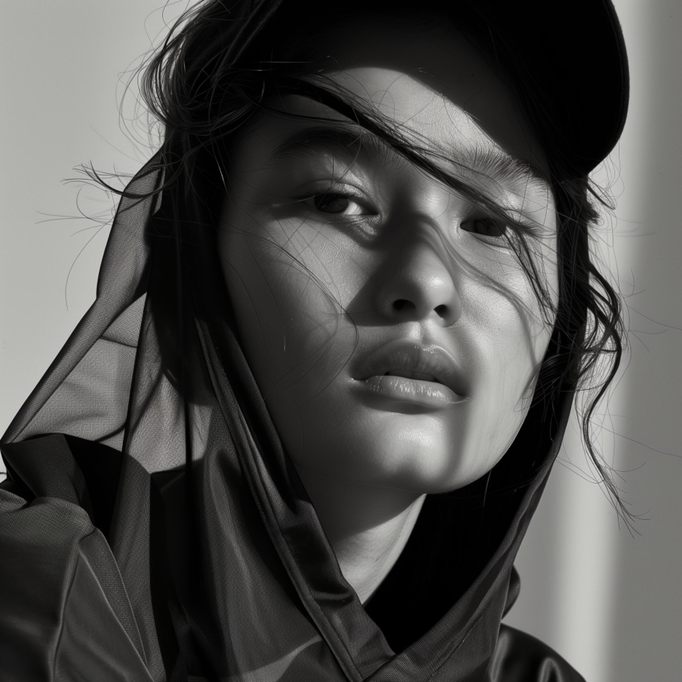 Close-up black and white portrait of a woman wearing a hood and cap, representing example product.