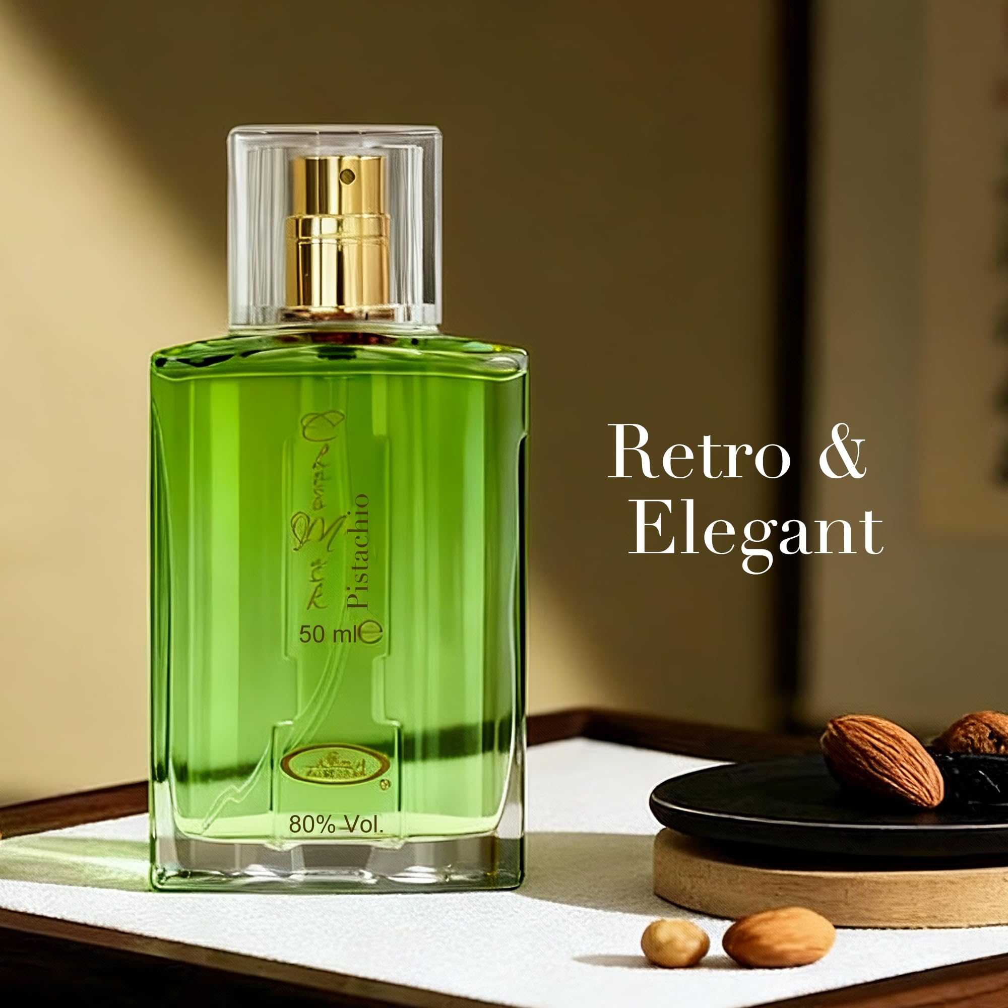 Choco Musk Pistachio 50 ml EDT bottle with gold cap; green translucent glass