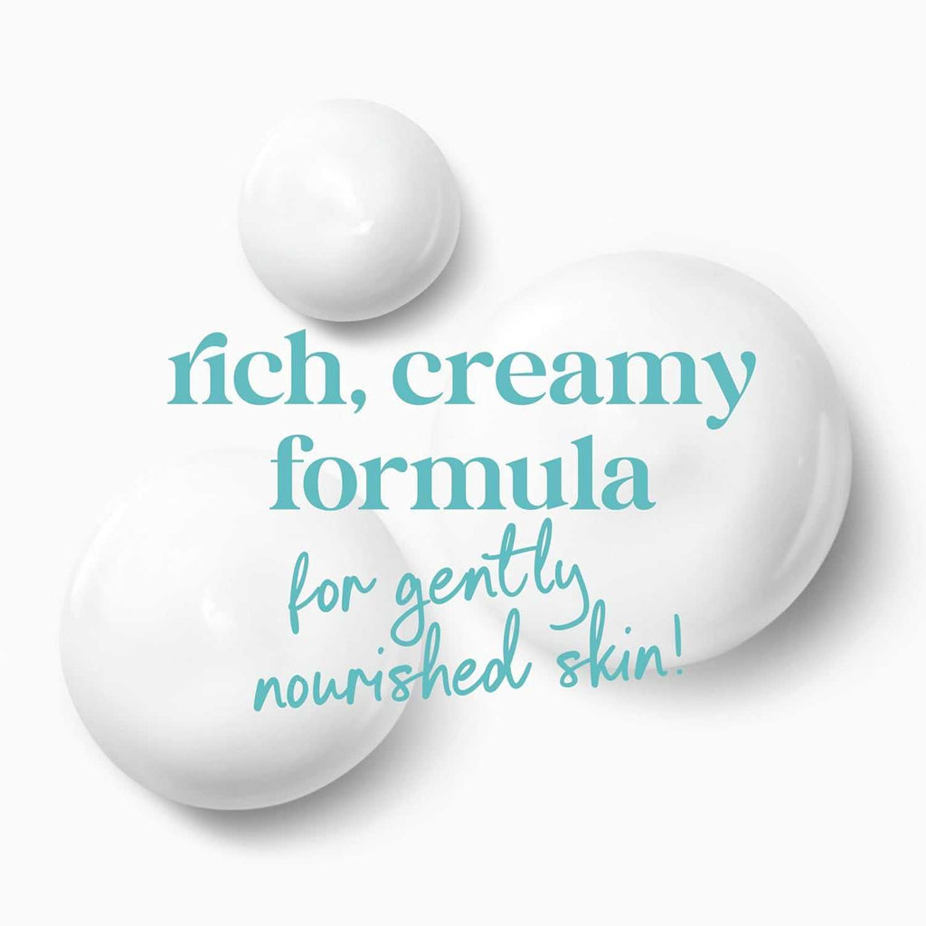 Weiße cremige Body-Wash-Form, Text „rich, creamy formula“ und „for gently nourished skin“