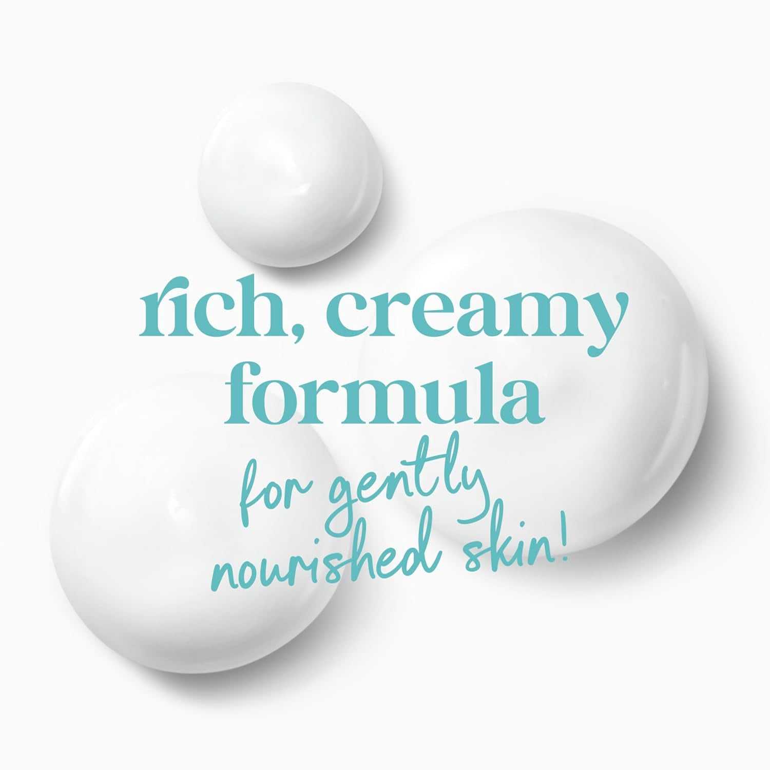 Weiße cremige Body-Wash-Form, Text „rich, creamy formula“ und „for gently nourished skin“