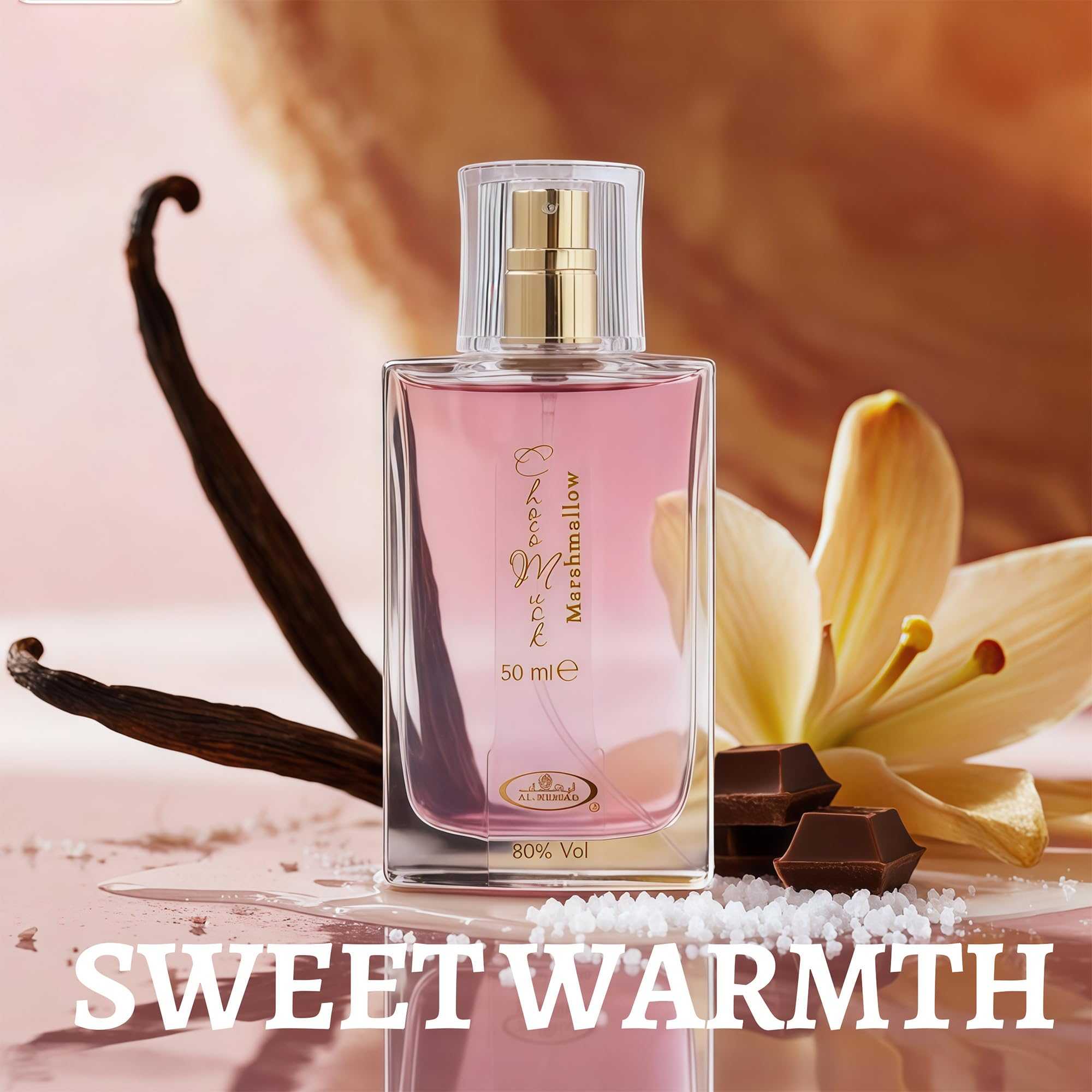 Choco Musk Marshmallow men’s Eau De Toilette bottle, 50 ml; pink glass with gold cap