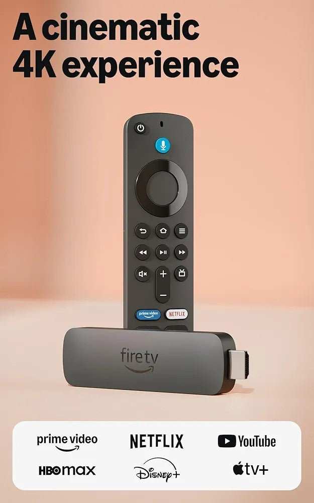 Fire TV Stick 4K with Alexa remote and power button, black streaming device and controller