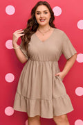 Dark khaki plus-size textured dress with V-neck and short sleeves, tiered ruffles