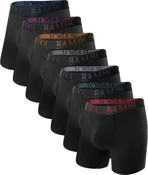 Men's bamboo boxer briefs 7-pack, black trunks with elastic logo waistband.