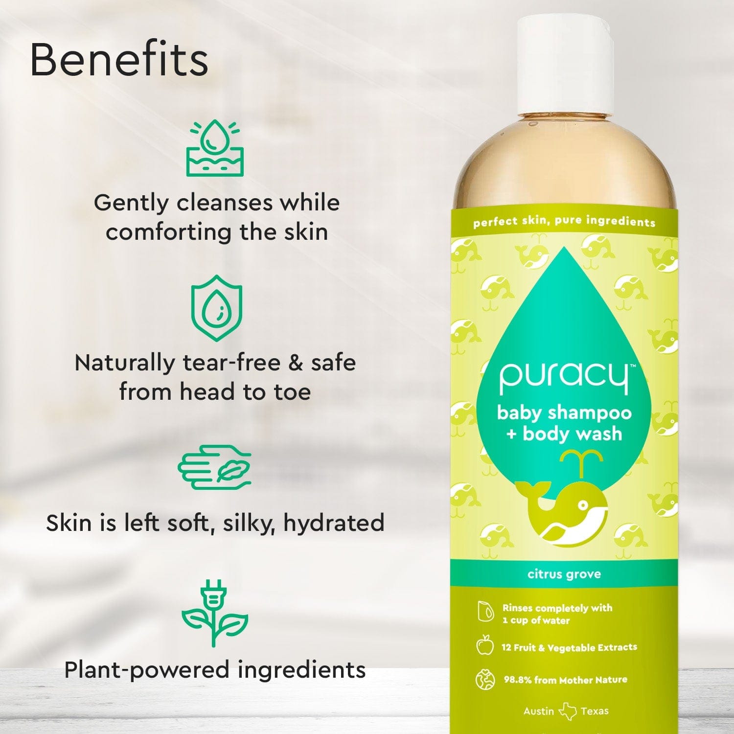 Baby shampoo + body wash (Citrus Grove) bottle with tear-free and skin benefits icons