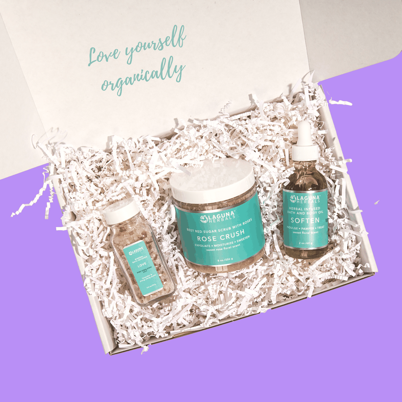 Self Absorbed gift box with Soften oil, Rose Crush scrub and Love mineral bath infusion