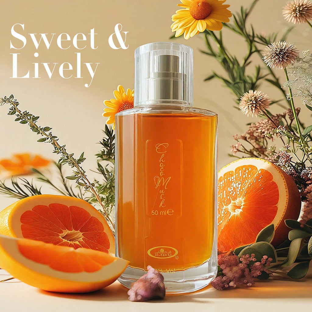 Choco Musk Eau de Toilette bottle with orange liquid, silver cap, 50 ml