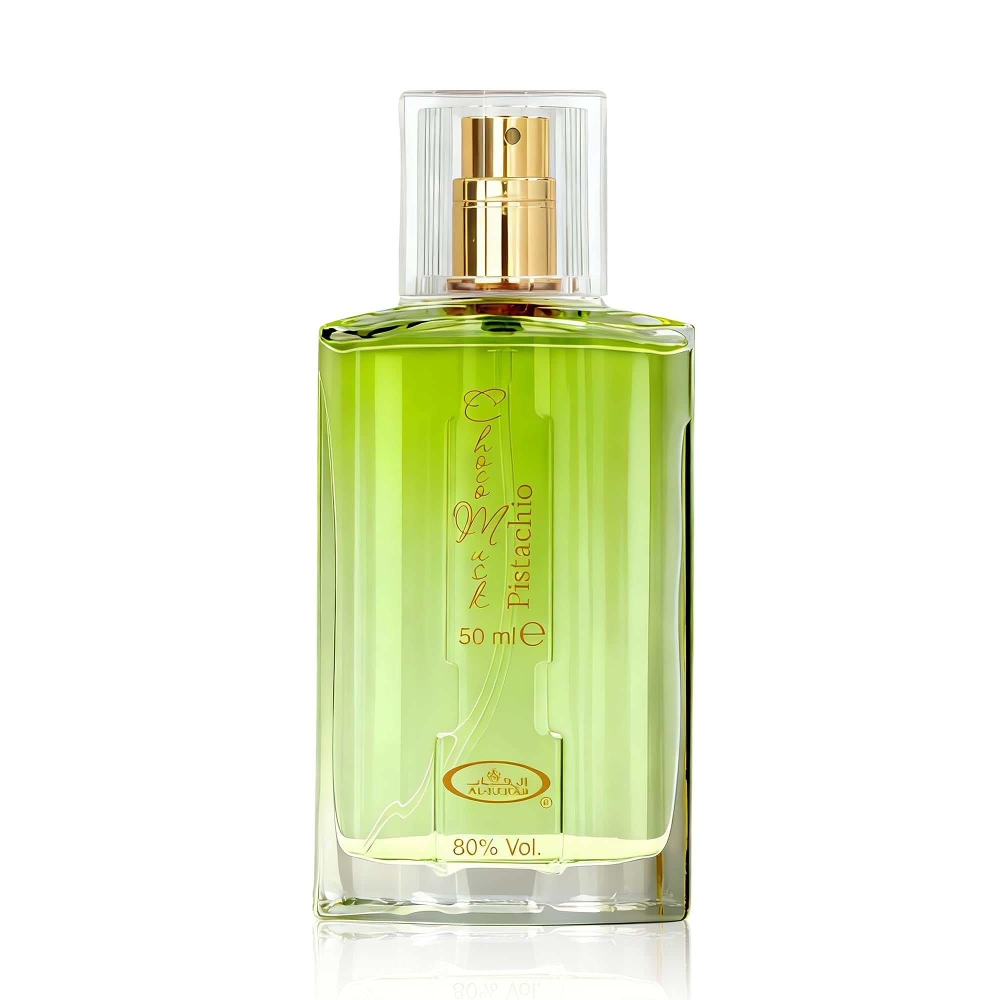 Choco Musk Pistachio Men’s Eau De Toilette bottle, 50 ml, gold cap; green glass