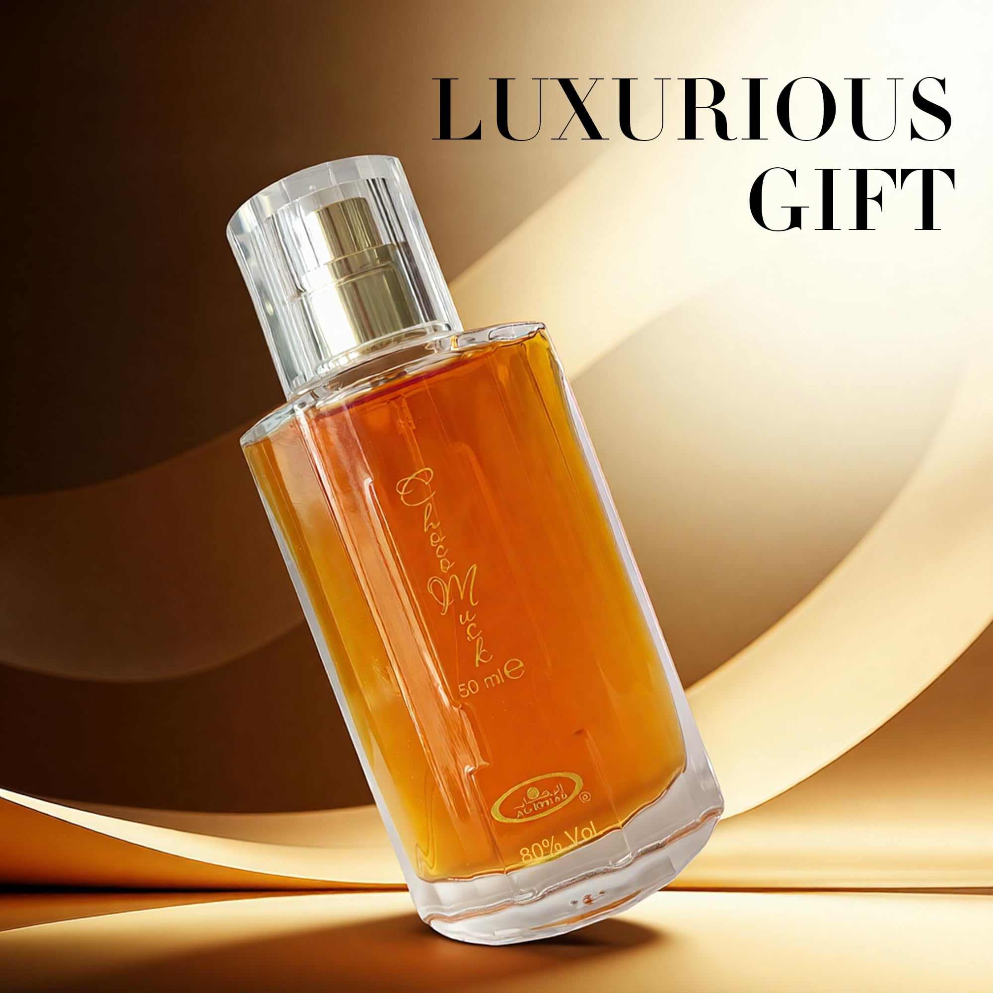 Amber cologne bottle with gold spray top on warm background; 50 ml