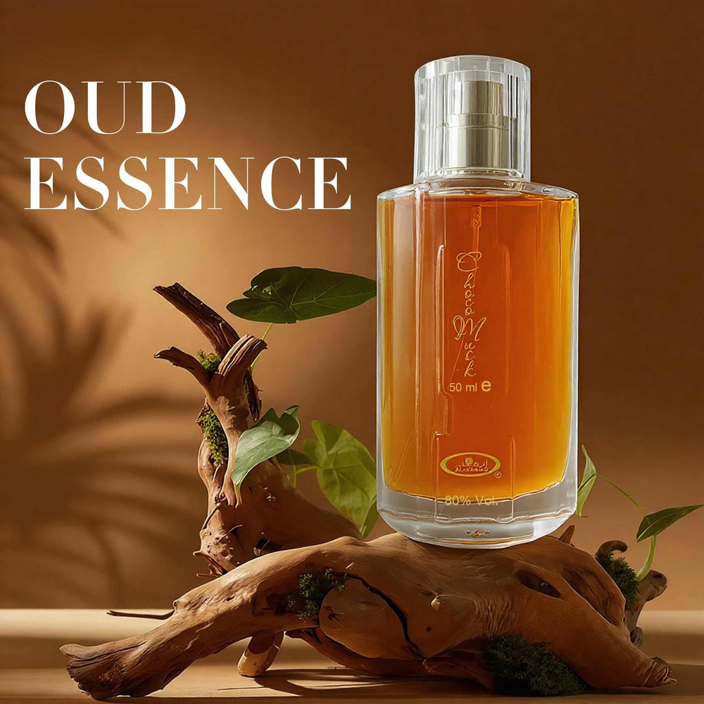 Choco Musk Eau de Toilette bottle with amber liquid, silver cap, 50 ml, oud-themed label