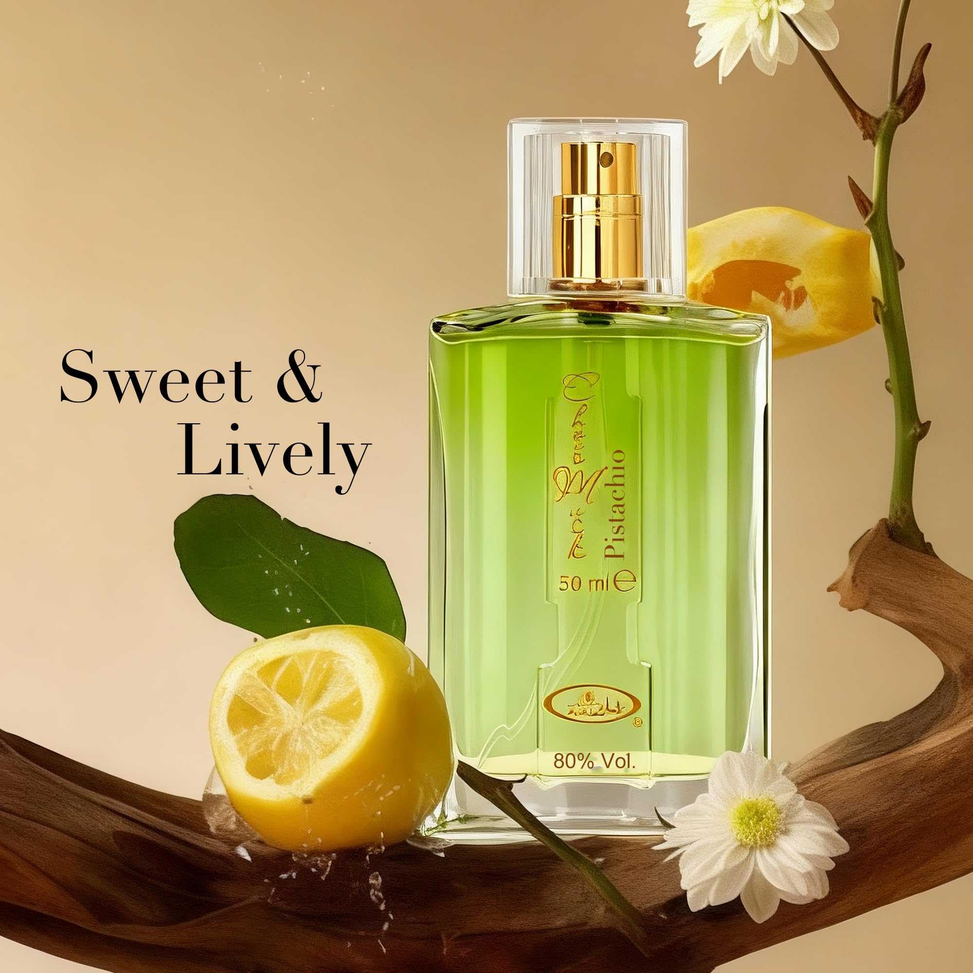 Choco Musk Pistachio Eau de Toilette spray bottle with lemon slice and flowers, 50 ml