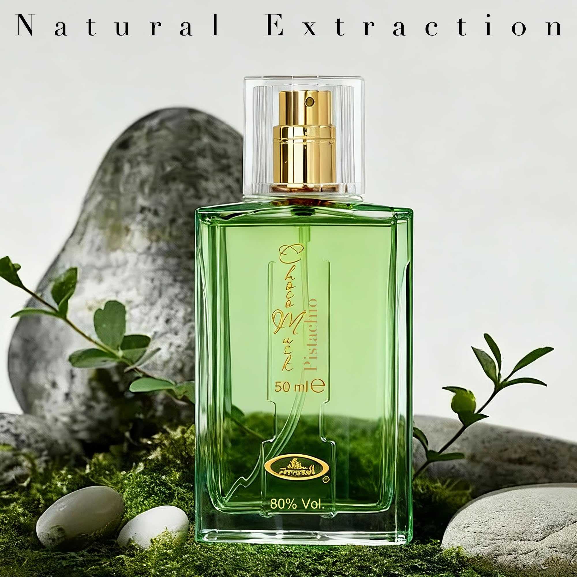 Choco Musk Pistachio men’s fragrance bottle, 50 ml, gold spray; green glass