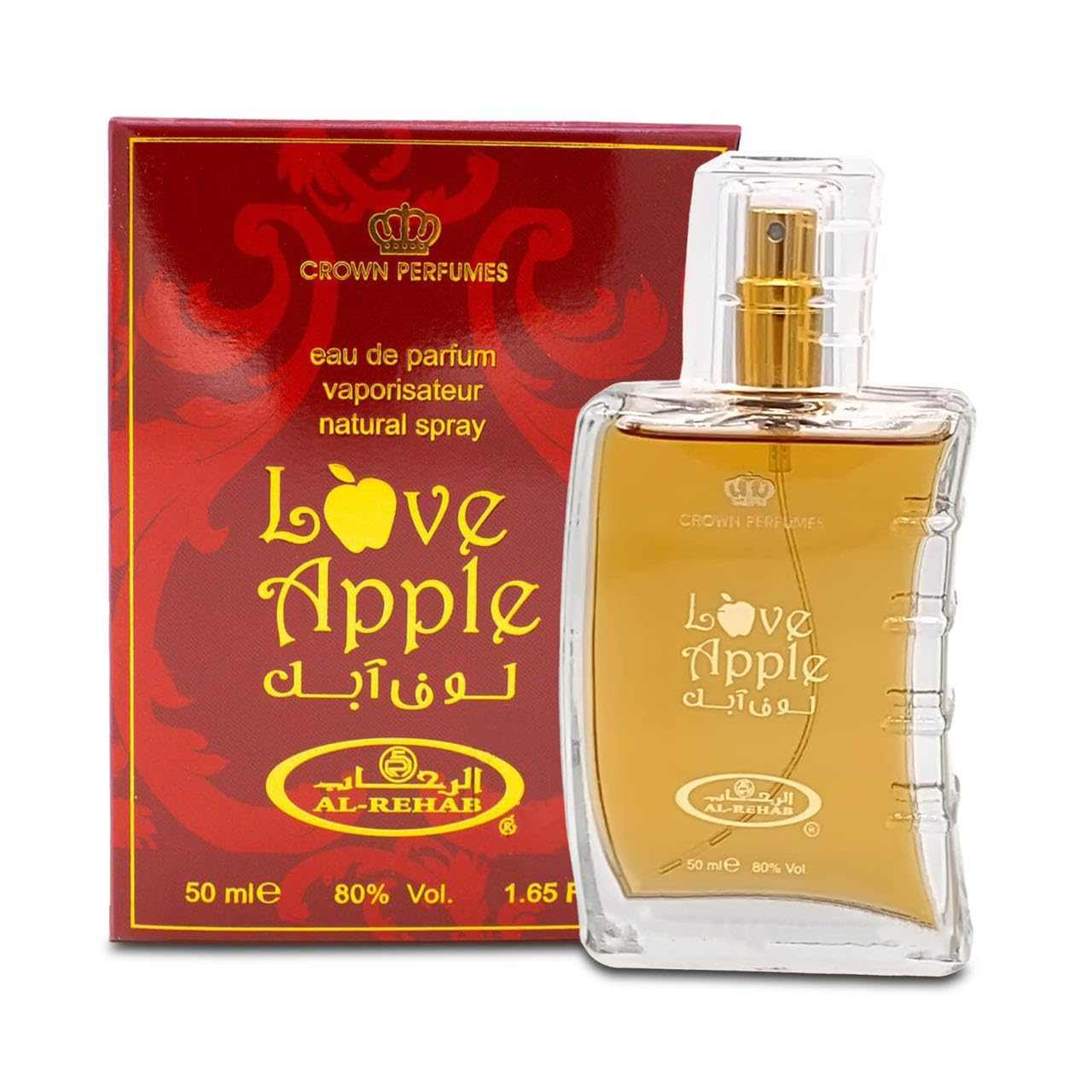 Love Apple eau de parfum bottle with gold sprayer cap, 50 ml.