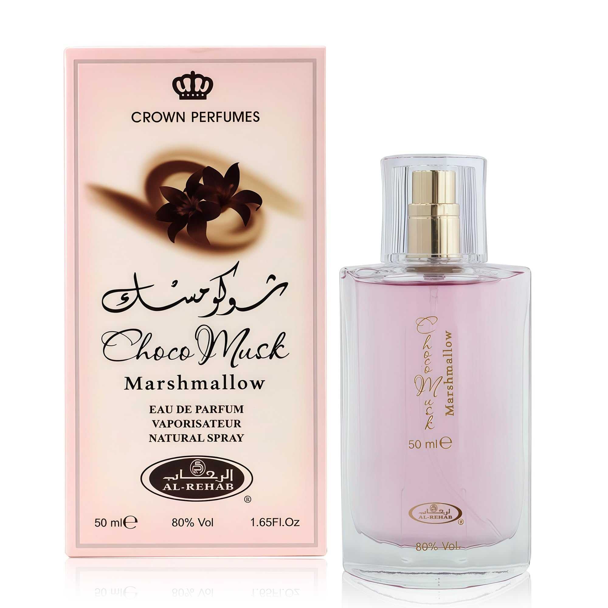 Choco Musk Marshmallow box and pink eau de parfum bottle with gold sprayer cap, 50 ml.