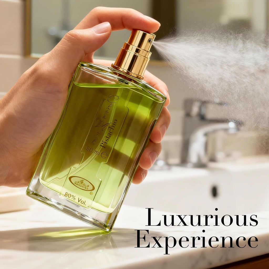 Hand holding Choco Musk Pistachio eau de parfum bottle, gold cap, sprayer mist.