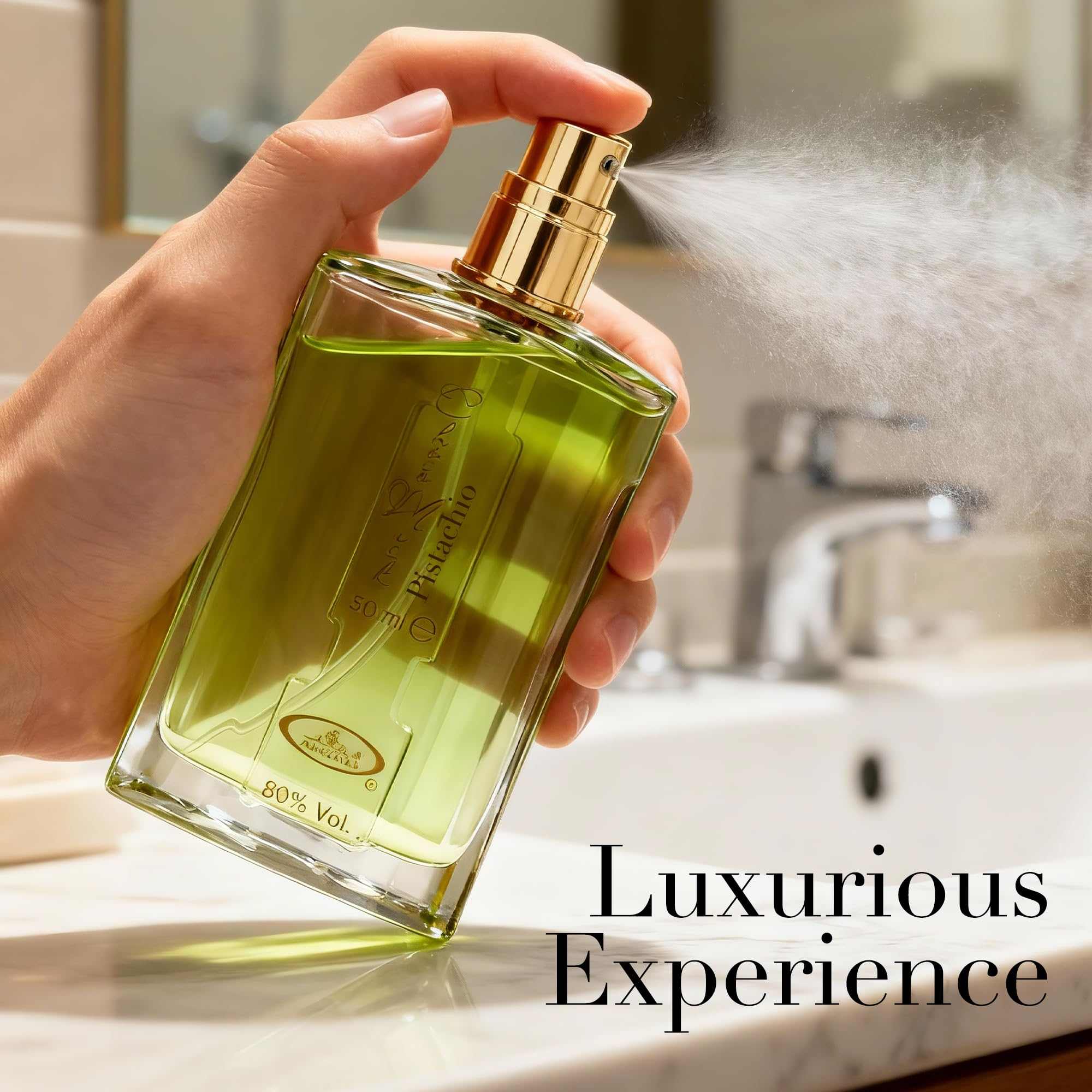 Hand holding Choco Musk Pistachio eau de parfum bottle, gold cap, sprayer mist.