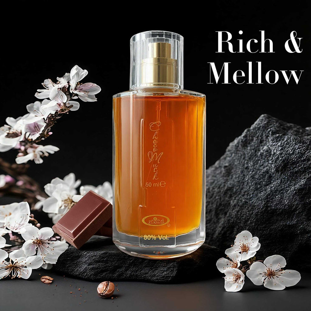 Choco Musk Eau de Toilette bottle with rich amber liquid, gold cap, 50 ml