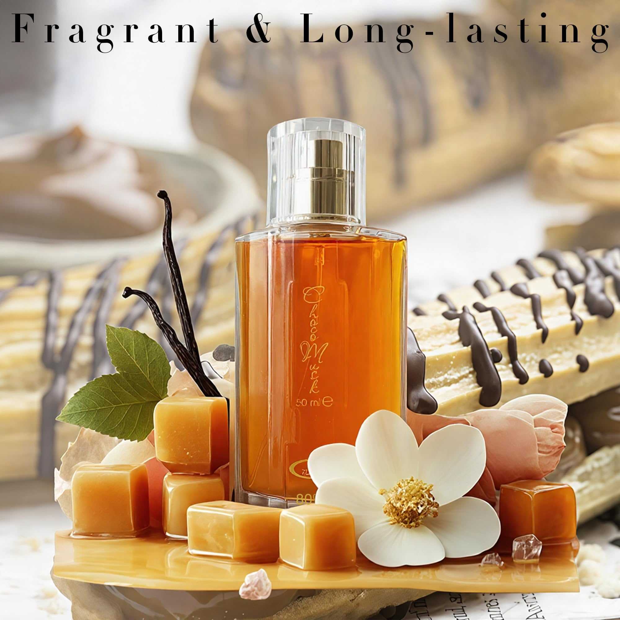 Choco Musk Eau de Toilette bottle with orange liquid, gold nozzle, 50 ml