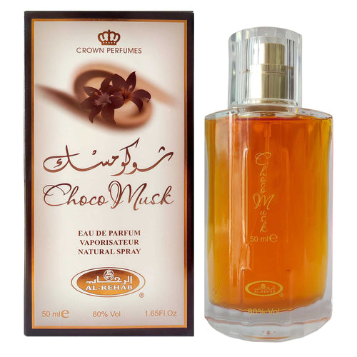Choco Musk eau de parfum bottle with gold sprayer cap, 50 ml.