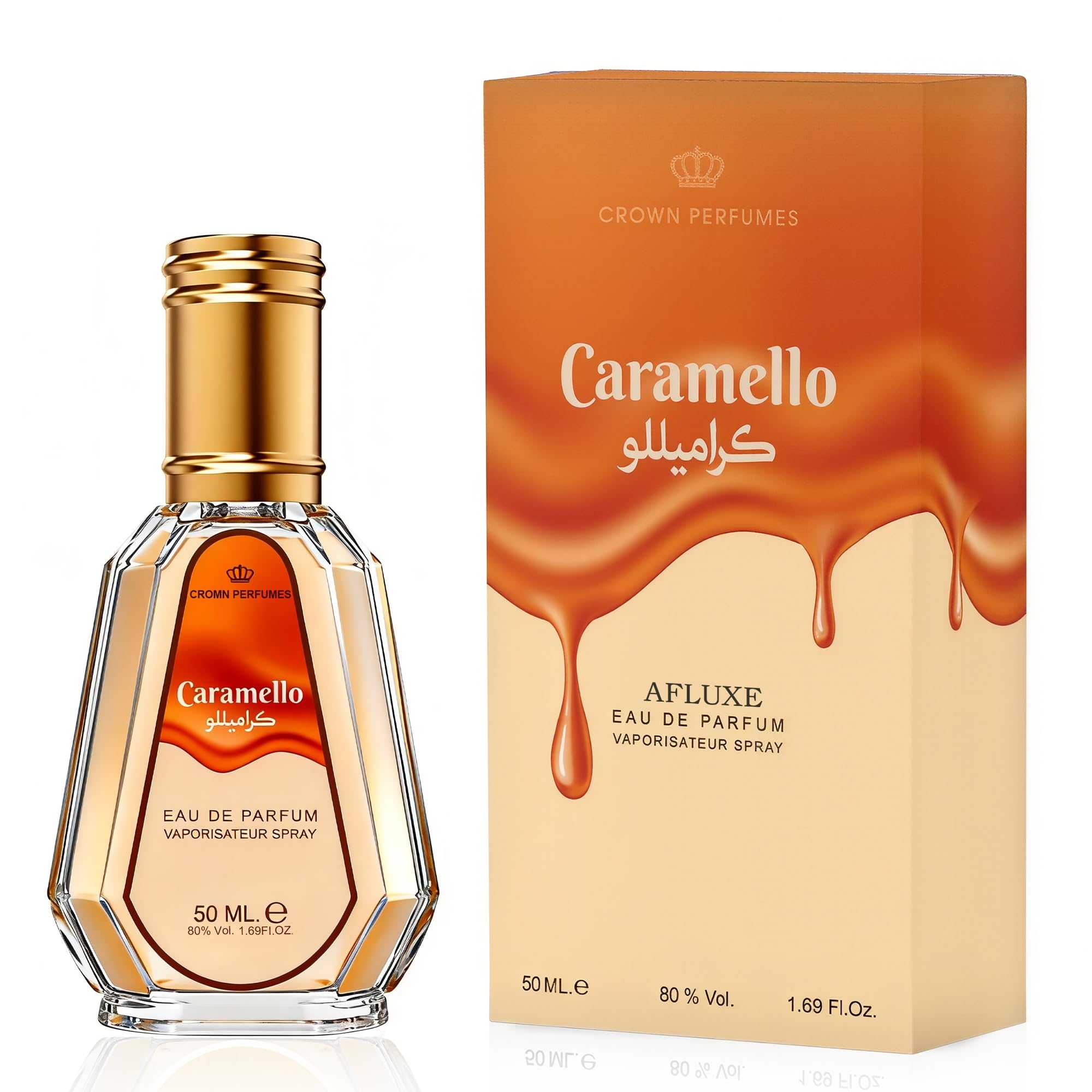 Caramello eau de parfum bottle with gold cap and orange box, 50 ml.