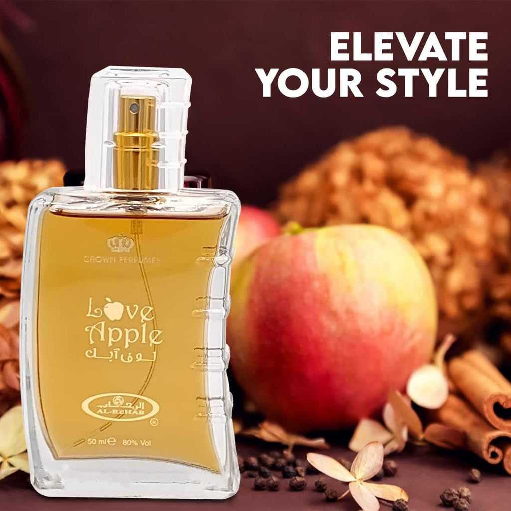 Square clear bottle with gold sprayer labeled Love Apple; 50 ml