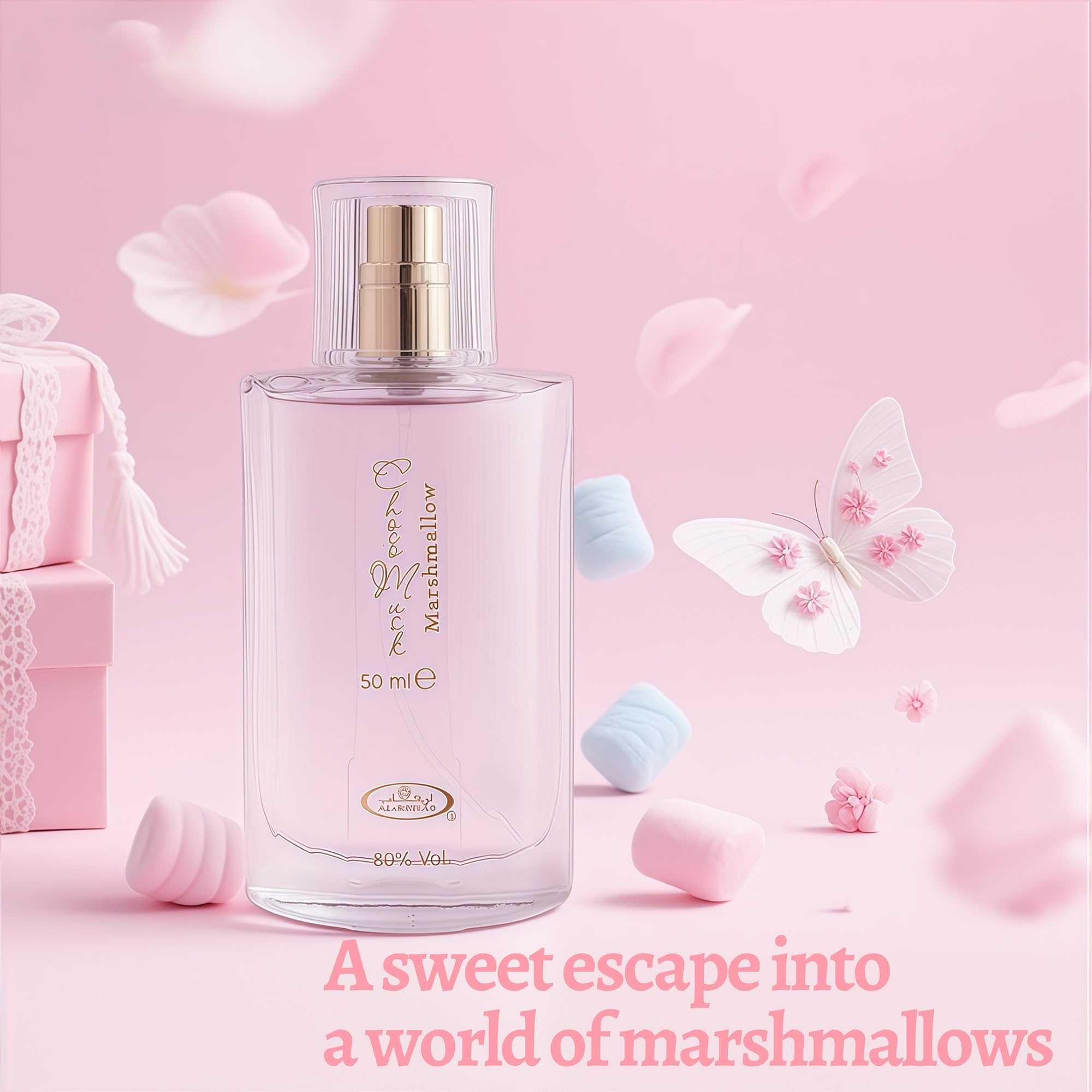 Clear perfume bottle with gold cap and “Choco Musk Marshmallow” label, 50 ml