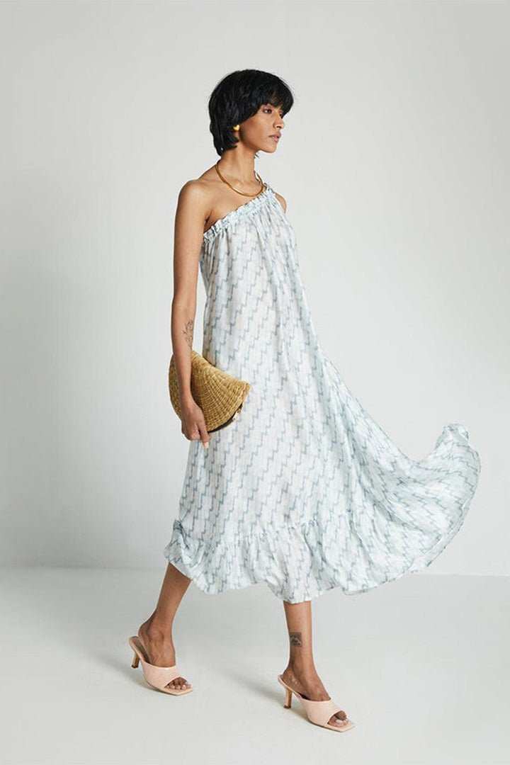 Moonlight Dress: flowing midi skirt, one-shoulder ruffle top, light blue lightning print