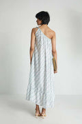 Moonlight Dress: back view, one-shoulder ruffle, light blue lightning zigzag print